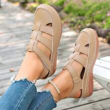 Women's Round Toe Stitched Wedge Thick Sole Hollow Out Hook And Loop Flat Sandals, Summer Outdoor - Apricot - View 2