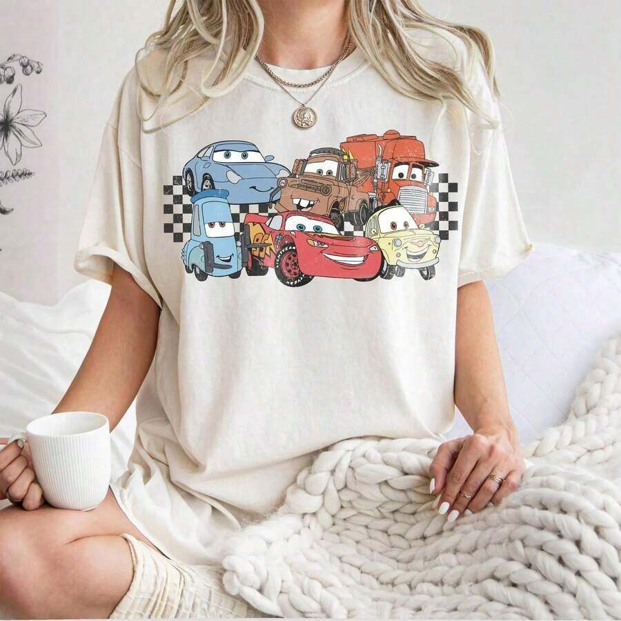 Lightning Mcqueen Buy Checkered Mcqueen And Friends Shirt, Retro Disney  PixarCars T-Shirt, Disney Cars Shirt, PixarCar Shirt, Mcqueen T-Shirt - trắng - Xem 1