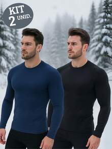 KIT 02 Camisas Térmica Proteção Uv Segunda Pele Dry Fit Premium Masculina. - Marinho/ Preto - Visão 1