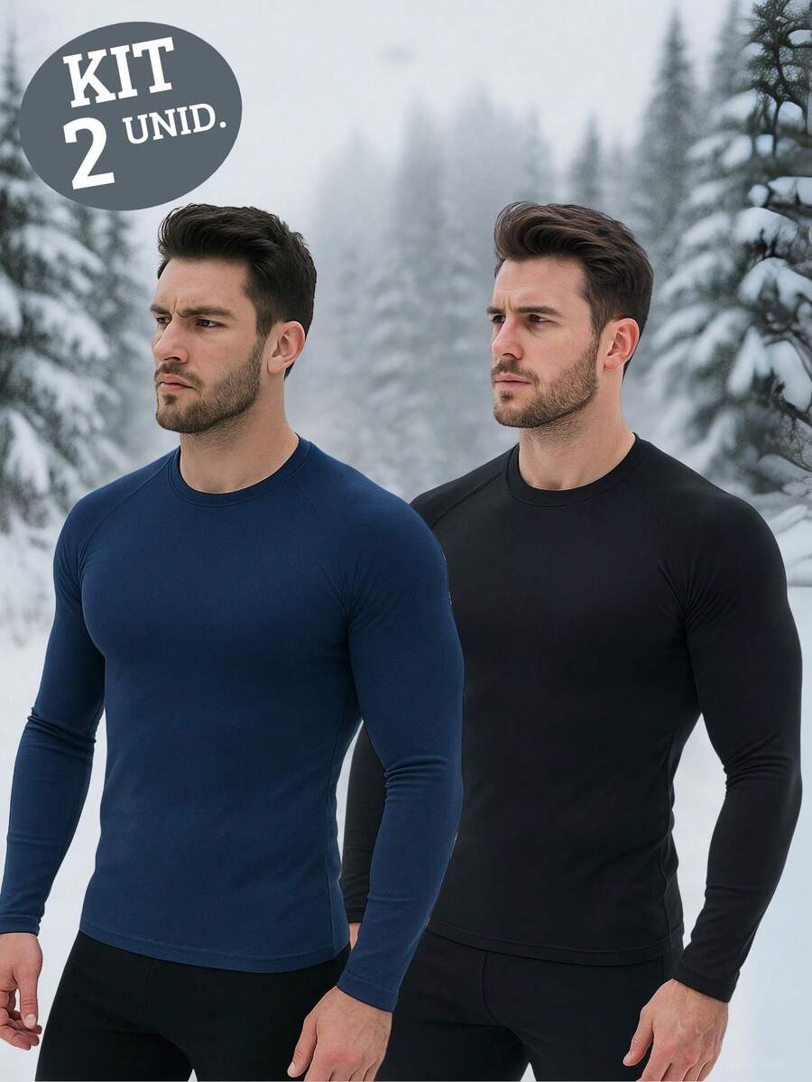 KIT 02 Camisas Térmica Proteção Uv Segunda Pele Dry Fit Premium Masculina. - Marinho/ Preto - Visão 1