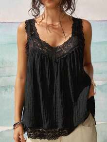 Blusa de uso diario versátil y casual con parches de encaje para mujer - Negro - Ver 4
