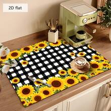 1 pieza Estera de secado de platos con estampado de girasol y cuadros, de alta absorción y secado rápido, almohadilla decorativa de drenaje para mesa de comedor, cafetería, encimera de cocina, regalo versátil para el hogar, decoración de escritorio - XYLSD-404 - Ver 4