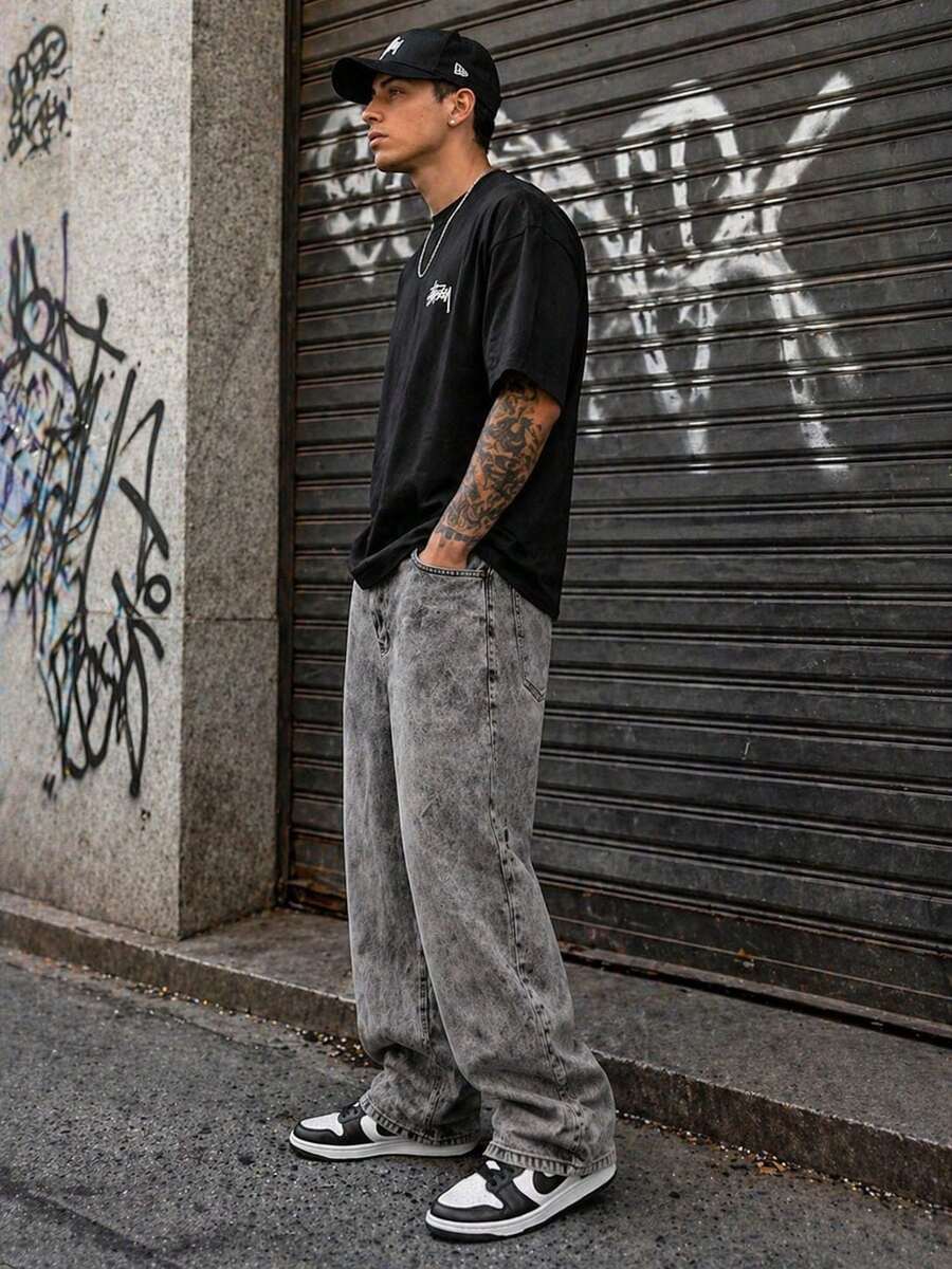 Baggy Jeans, Wide-Leg Balloon Pants, Straight Cut, Carpenter Style, Unisex - Đá lửa - Xem 1