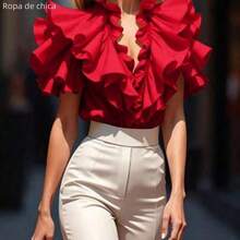 Fashion Women's Clothing  Blusa elegante de unicolor con volantes - Rojo - Ver 1