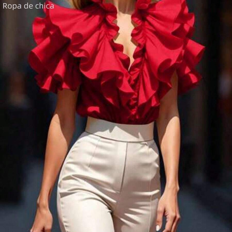 Fashion Women's Clothing Blusa elegante de unicolor con volantes - Rojo - Ver 1