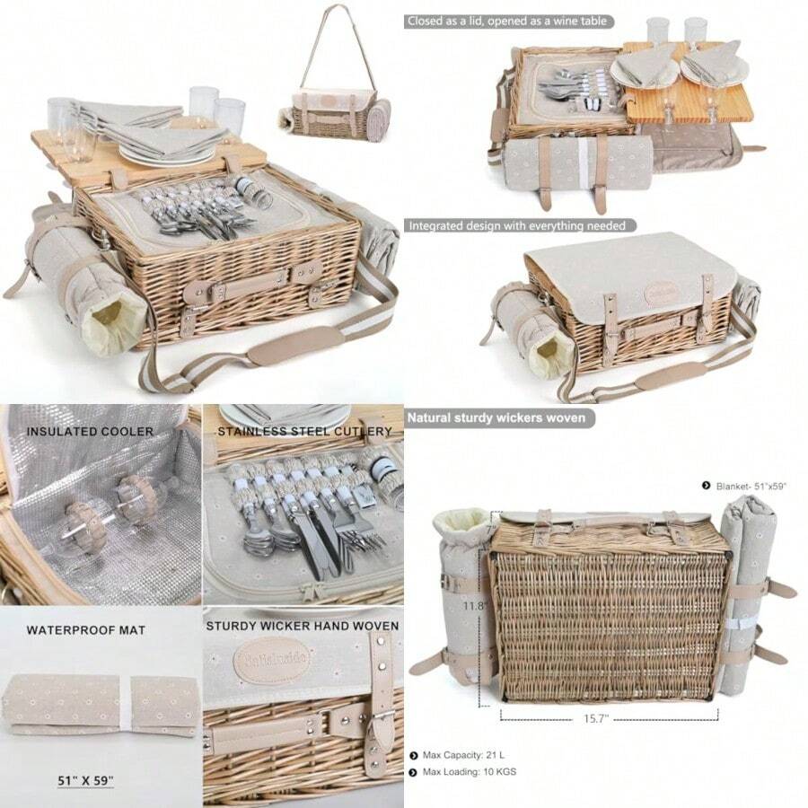 Juego de cestas de picnic de mimbre multifuncional para 4 personas con manta y mesa de picnic juego de picnic aislado con vajilla completa para acampar al aire libre parejas flores - Flores con manta y mesa para 4 personas - Ver 1