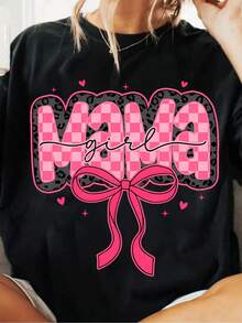Camiseta rosa para mamá, camiseta a cuadros para mamá, camisa rosa con estampado de leopardo para niñas, camiseta para la vida de mamá, regalo para mamá, blusa vintage con lazo para mamá. - Negro - Ver 1