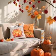4pcs Autumn Home Decor Pillow Covers, Thanksgiving Pumpkin Linen Pillowcases, Sofa, Autumn Holiday Outdoor, Burnt Orange And White Decorative Single-Sided Without Pillow Insert - Burnt Orange - View 5