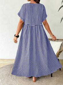 Plus Size Women's Square Neck Short Sleeve Ruffle Plaid Dress, Suitable For Casual Summer Vacation Wear - Multicolor - View 3