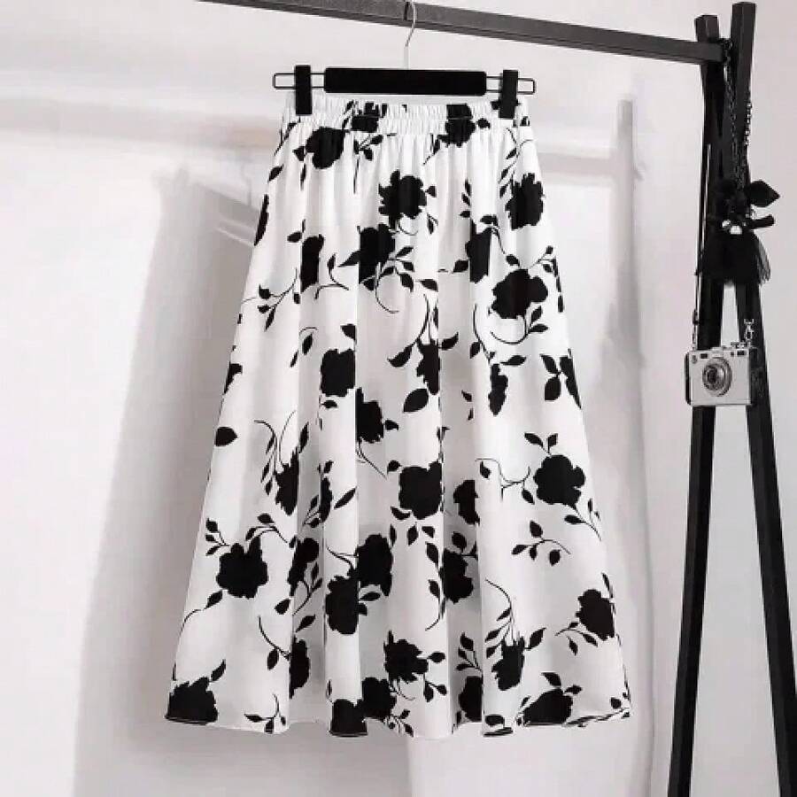 Falda de cintura alta con vuelo en A, talla grande, a la moda, de longitud midi, que disimula la cadera, para mujer, con esta... - BLANCO - Ver 1