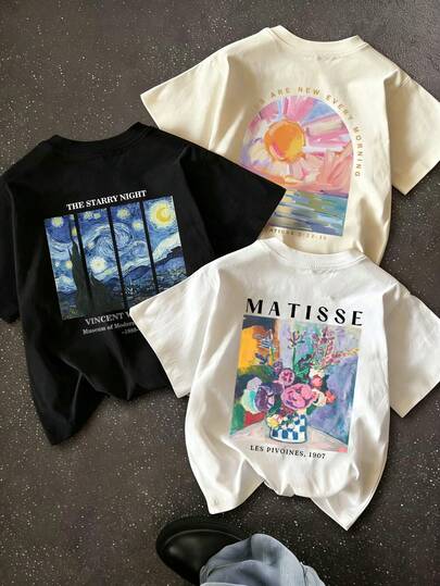3 piezas Camiseta de mujer de manga corta, cuello redondo, estilo casual y suelto con diseño lindo, para uso diario y vacaciones en verano