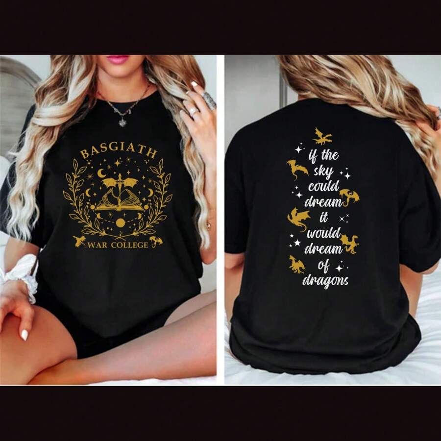 Basgiath War College T-Shirt Fourth Wing Dragon Rider Front Back Gift Tee Top - Black - View 1