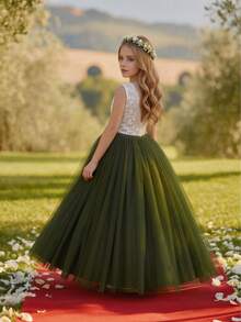 Tween Girl White Lace Patchwork Contrast Color Mesh Sleeveless Dress, Flower Girl Wedding Party Formal Gown - Dark Green - View 9
