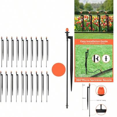 Cabezales de rociador de irrigación de 360 grados: Boquilla de microaspersor en estaca de 12 pulgadas con tubería de 1/4 - Sistema de riego por goteo y aspersión para jardín (paquete de 20)
