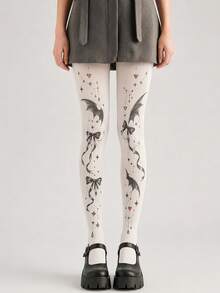 1pc Women's White Velvet Bat Wing Bow Print Tights, Gothic Style Cute Star & Heart Pattern Elastic Pantyhose, Cute Dark Style Stockings, Suitable For Spring/Summer Party & Daily Wear - White - View 9