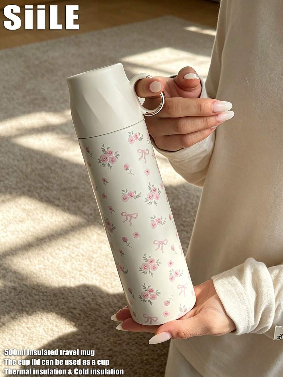 1pc 500ml (16.9oz) Stainless Steel Double Wall Insulated Tumbler With Lid And Handle, Rose Floral Pattern, Suitable For Outdoor, Office, Home, School, Car, Gym, Travel, Birthday, Holiday, Mother's Day, Father's Day, Back To School, Valentine's Day Gift - Multicolor - View 1