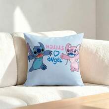 Disney Lilo & StitchCushion Cover Cover, Cute Jumping Stitch And Angel With "Stitch & Angel" Lettering DecorativeCushion Cover, Soft Light Blue Squarefor Kids Bedroom Sofa Couch - Color - View 2