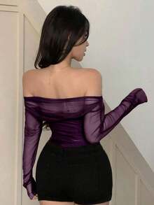 Blusa elástica de malla transparente con hombros descubiertos, para primavera/verano - Morado - Ver 5