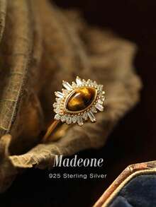 MADEONE 1 chiếc nhẫn mắt cá sấu độc đáo kiểu cổ điển, trang sức nữ, làm từ bạc sterling S925, khảm đá mắt hổ vàng tự nhiên tinh tế, nhẫn đơn, trang sức tinh xảo, quà tặng cho bạn gái nhân dịp sinh nhật, dạ hội, đeo hàng ngày, hẹn hò. - Vàng - Xem 2