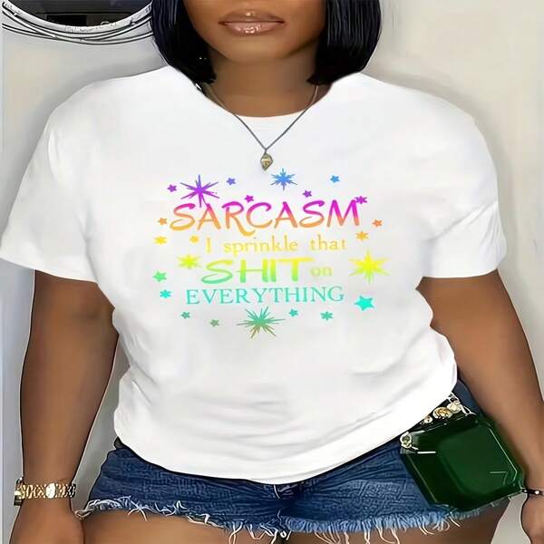 Wo's Sy Sarca T-Shirt - Sarca I Spit It Like Candy" Funny Quote with Print, Black & Multicolor Lettering, Short Sve Round Neck Casual Summer Top for Humor Lovers (Bold Sarca Gift Idea)"