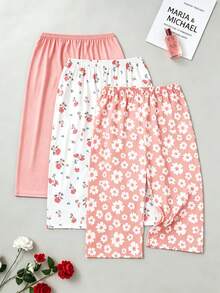 3pcs Women Casual 7/10 Length Shorts, Daisy & Rose Floral Print, Solid Color, Elastic Waist, Loose Fit Pajama Pants - Coral Pink - View 2