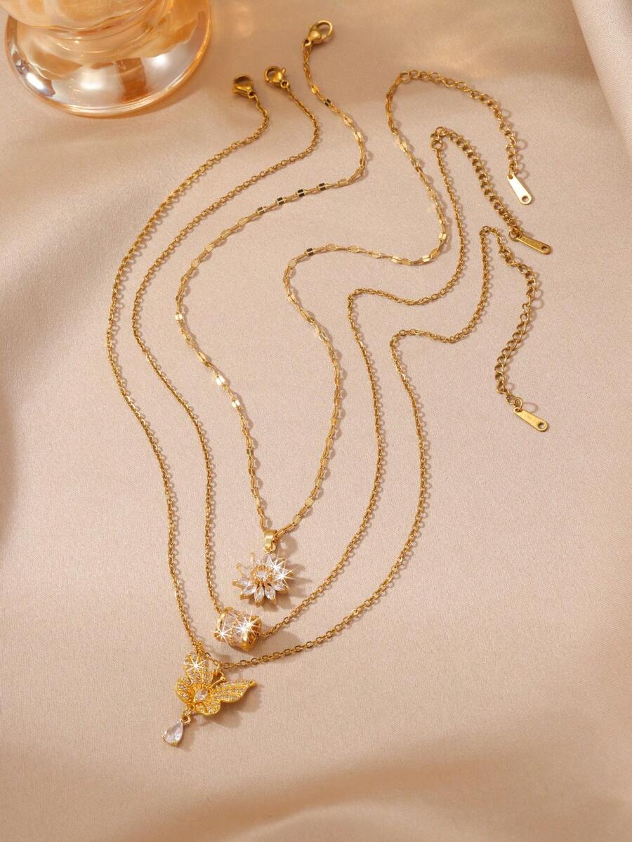 3pcs Fashion Luxury Butterfly Pendant Necklace, Versatile Light Luxury Collarbone Chain, Suitable For Women's Daily Wear, Holiday Gift - Multicolor - View 1