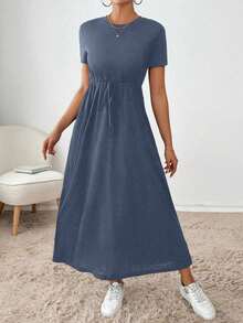 Vestido midi con cordón en la cintura, bolsillo lateral, ropa de regreso a la escuela, ropa de mujer para otoño, atuendos de maestra, vestido de despedida de soltera, vestidos casuales de mujer, vestidos midi de mujer, vestidos de trabajo de mujer, vestidos de otoño para mujer, vestidos maxi de mujer, disfraz de Halloween, vestido casual de negocios, vestidos de verano para mujer - Azul marino - Ver 3