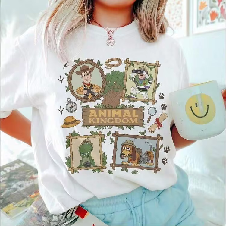 Disney 1PC Licensed "Bamboo-Framed Toy Story Woody Buzz Rex Slinky Dog Animal Kingdom Safari Expedition" Cartoon Disney 100% Cotton T-Shirt - 白色 - 查看 1