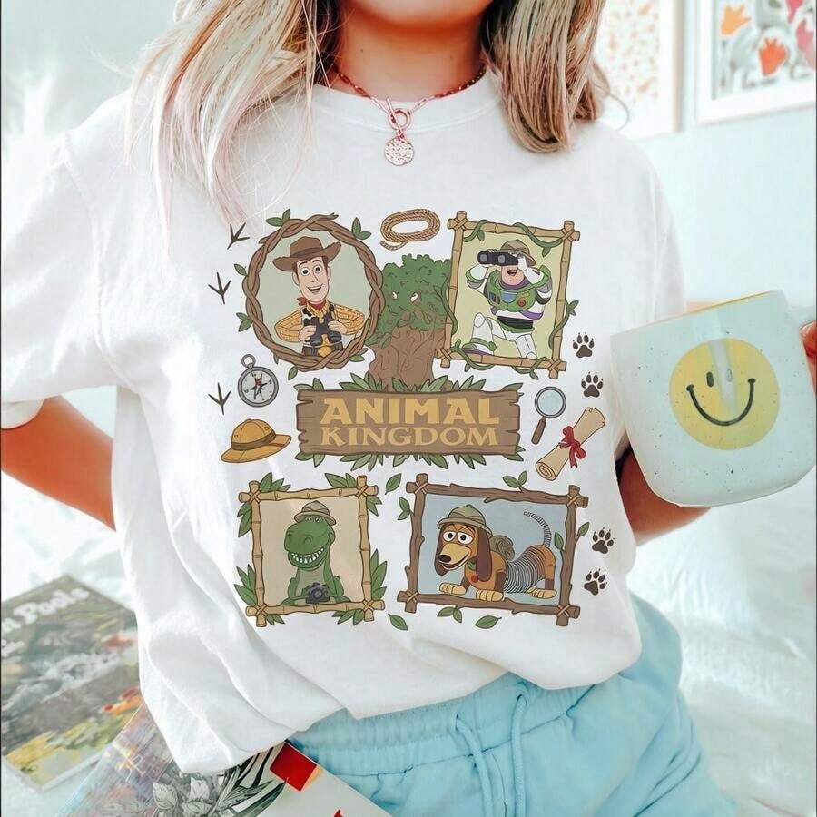 Disney 1PC Licensed "Bamboo-Framed Toy Story Woody Buzz Rex Slinky Dog Animal Kingdom Safari Expedition" Cartoon Disney 100% Cotton T-Shirt - 白色 - 查看 1