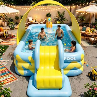 1 قطعة حوض سباحة قابل للنفخ كبير باللون الوردي/الأزرق، مناسب للاستخدام العائلي، حديقة مائية متنقلة، ترفيه مائي للداخل/الخارج، حوض حفلات (مضخة نفخ وزلاقة تباع بشكل منفصل)