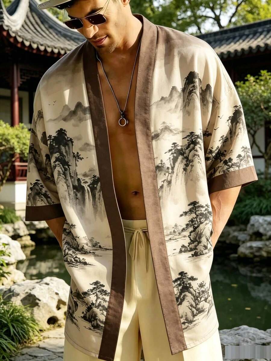 Men's Kimono Cardigan, Short-Sleeved Loose Fit, Landscape Ink Painting Print, Chinese-Style Retro Design, Breathable And Comfortable For Summer - B - View 1
