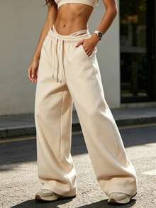 1pc Women's Drawstring Waist Loose Wide Leg Casual Sweatpants, With Pockets, Knit Fabric With Slight Stretch Fall - Champagne - View 5