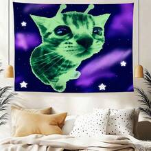 Cat Green Minimalist Design Tapestry, Aestheticism, Bedroom Decor, Suitable For Various Festivals, Perfect Tapestry Gift, Living Room Bedroom Office Home Decor Wall Hanging, High-Quality Printed Tapestry, Perfect Gift - 1PC - View 3