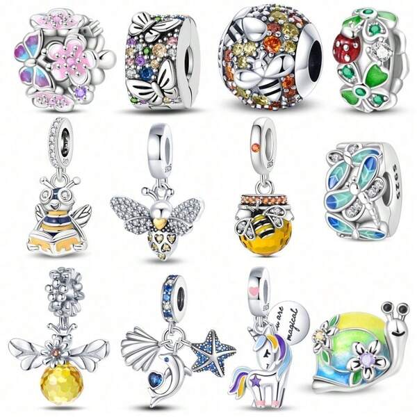 A Silver-Plated Insect-Themed Charm Featuring An Original Design That Blends Elements Of Bees, Butterflies, And Snails. This Enamel Pendant Is Accented With Diamonds And Can Be Worn As Either A Bracelet Or A Necklace. As A Fresh, Forest-Inspired Jewelry-Making Accessory, It Exudes A Natural And Lively Charm, Making It Ideal For Both DIY Projects And Everyday Wear.