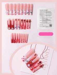 24 piezas de nuevas puntas de uñas de ataúd extra largas, estilo de niña dulce multicolor con labios rojos, corazón y decoración de rhinestone, uñas con forma de T, aptas para usar, set de caja de regalo colorida que incluye 1 lima de uñas y 1 buffer, ideal para uñas glamorosas del Día de San Valentín - Multicolor - Ver 3
