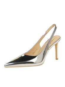 Giày cao gót hở gót kiểu Âu và Mỹ, giày bít mũi nhọn gợi cảm, gót mỏng, thích hợp cho tiệc tùng. - Bạc - Xem 12