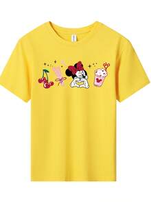 Disney-1 Piece Pack-Minnie Mouse With Cherries And Cupcake Double-Sided Printed Pattern T-Shirts For Girls - Children's Clothing Design Short-Sleeved Casual And Cute Style Comfortable And Casual Wear All Year Round Suitable For Parties And Play Machine Washable Gift Children's Clothing Girls' Short-Sleeved Shirts - Màu vàng - Xem 2