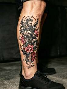5 piezas de tatuajes temporales grandes, pegatinas para el Body con patrones de rosa roja, héroe y belleza, tatuajes falsos unisex para muslo, brazo, pierna y pecho - Navideño - Ver 3