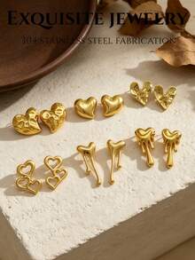 12 Pieces / 6 Pairs Of Heart-Shaped Series Gold Earrings. There Are Various Styles Such As Hammered Heart Shape, Smooth Three-Dimensional Shape, Pleated Heart Shape, Hollow Double Heart Shape, And Melting Heart Shape. - Stainless Steel Set - View 9