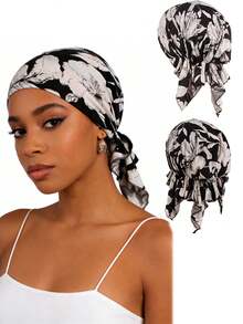 CONFLASS Red Floral Bohemian Style Black & White Floral Pre-Tied Headband - Soft, Comfortable Stretchy Headwrap With Tails, Breathable Hair Care, Suitable For Sleeping, Chemotherapy And Muslim Fashion - Multicolor - View 16