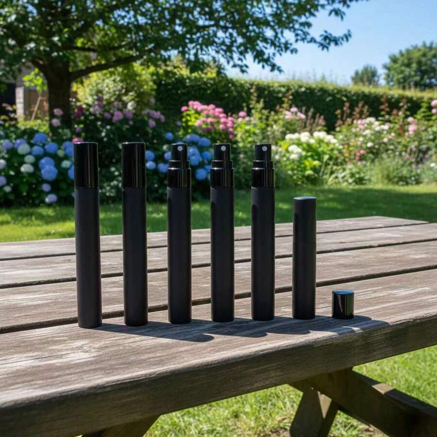 5 ml, 10 ml Bouteille de verre noir élégante rechargeables avec vaporisateur en aluminium noir - Convient pour le transvasement de parfum, de cosmétiques liquides et d'atomiseur d'assainisseur d'air - Idéal pour les voyages, bouteille de parfum rechargeables - Voir 1