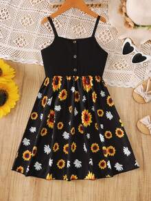 Girls' Summer Solid Color Patchwork Daisy Print Button Decor Casual Dress, Youthful And Stylish Girl Outfit - Black - View 1