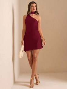 Vestido mini de satén elegante con hombros asimétricos y espalda descubierta en unicolor amarillo crema, vestido mini elegante con estampado, vestido mini sexy con espalda descubierta, vestido mini de satén amarillo con espalda descubierta, vestido de satén elegante con espalda descubierta para invitada de boda, vestido largo de dama de honor de satén, vestido mini elegante para cóctel - Burdeos - Ver 6