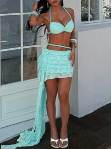 Bộ đồ đi biển dành cho nữ gồm áo croptop ren cổ yếm và chân váy xếp tầng thắt eo bằng dây thừng thủ công. - Màu xanh bạc hà - Xem 3