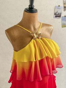 FJDVSoleia Nuevo vestido elegante y romántico para invitados de boda, de unicolor, con espalda descubierta, multicapa con volantes de gasa, minivestido, adecuado para estilo bohemio, boho, flores románticas, vacaciones, fiestas florales, citas, San Valentín, Pascua, carnaval, té de la tarde, playa, crucero, vacaciones en la ciudadFBSB 1SYR - Naranja Quemada - Ver 3