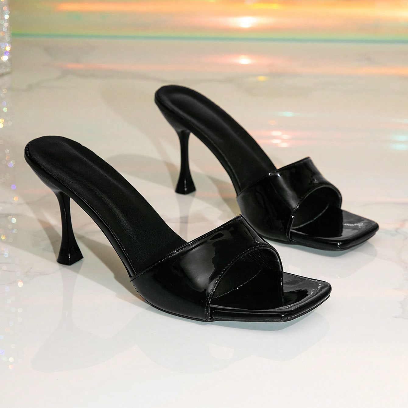 Zapatos de tacón alto delgado con punta cuadrada de moda sencilla para mujer, sandalias con abertura en los dedos versátiles y favorecedoras para el