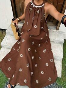 Plus Vestido sin mangas con estampado integral de lentejuelas y parches, vestidos de verano de estilo vacacional para mujeres de talla - Marrón - View 9