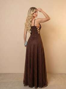 Gabi Dress With Sparkling Tulle And Crossed Side Detail - Rust Brown - View 3