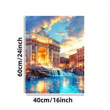 Enmarcado Lienzo impreso plano 2D con fuente romana -  plano 2D , diseño de edificio histórico vintage con cielo al atardecer y cascada, ideal para dormitorio, decoración de sala de estar, dormitorio universitario y regalo para el hogar,  de fuente, obra de arte para sala de estar, obra de arte de cielo dramático, plano 2D - Enmarcado - Ver 6