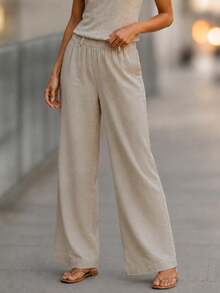 Women's Linen 2 Pieces Set, Casual Solid Color Round Neck Vest And Wide Leg Pants, Summer Elegant - Khaki - View 7